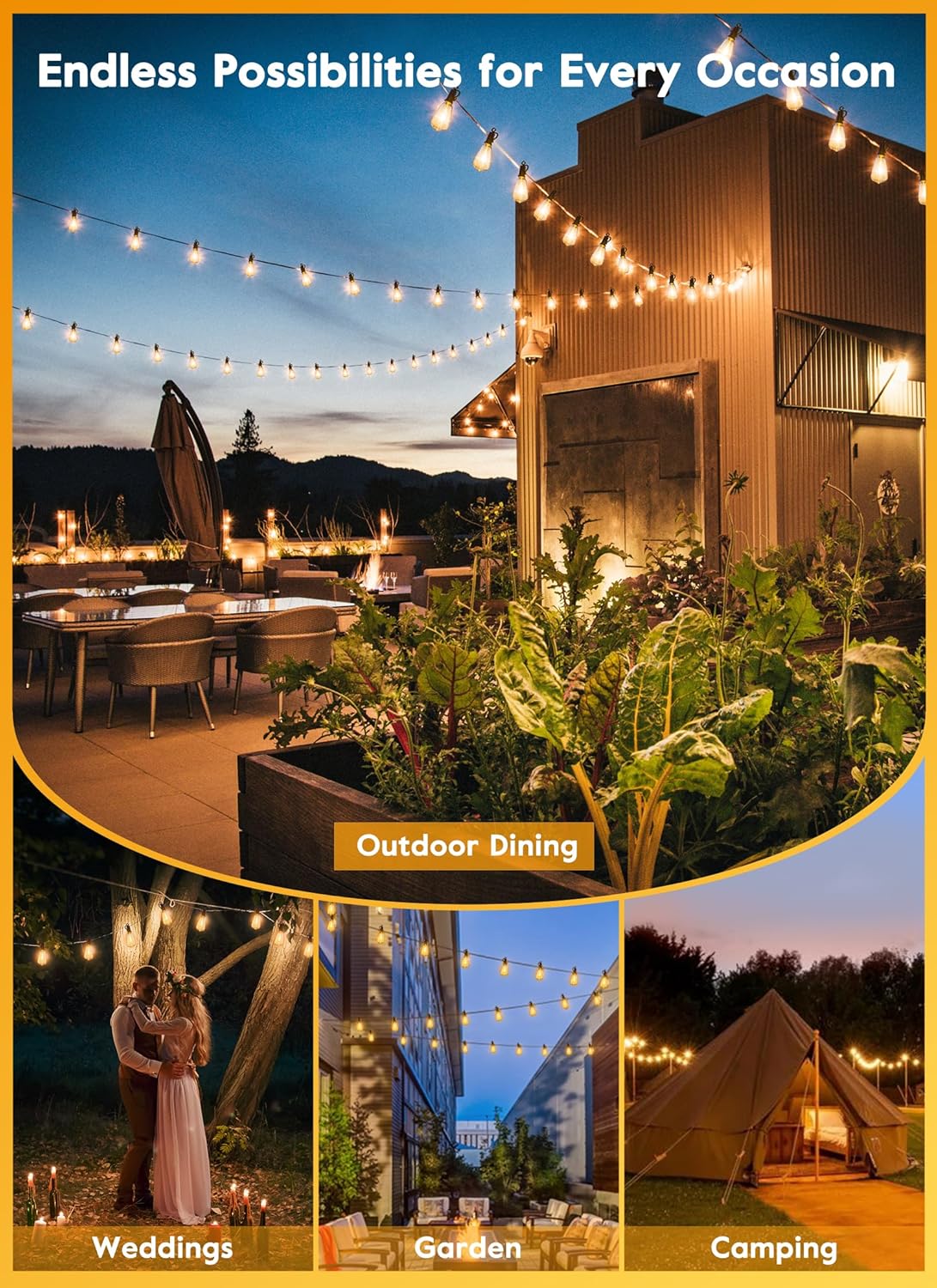 Brightown Solar String Lights Outdoor - 38FT Patio With Remote, 16 Shatterproof LED Bulbs, 3 Light