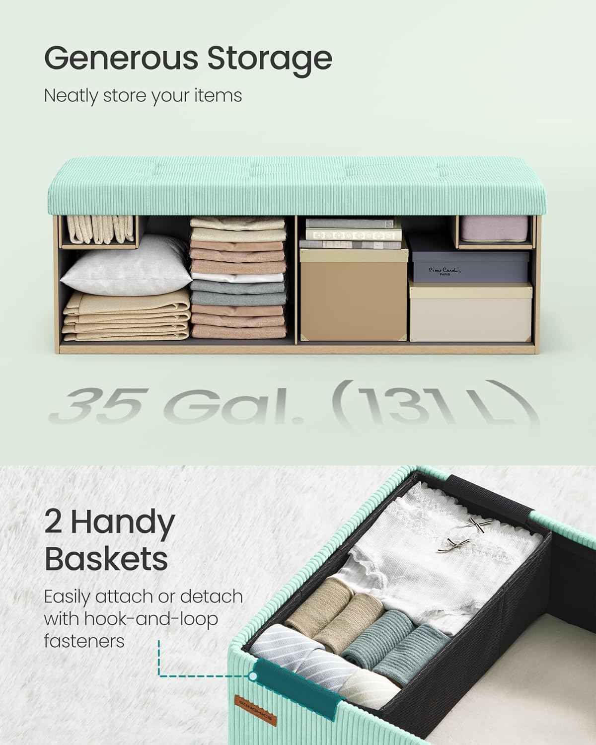 SONGMICS MAZIE Collection - Storage Ottoman Bench, Foldable Foot Rest, 15 x 43 x 15 Inches, End of