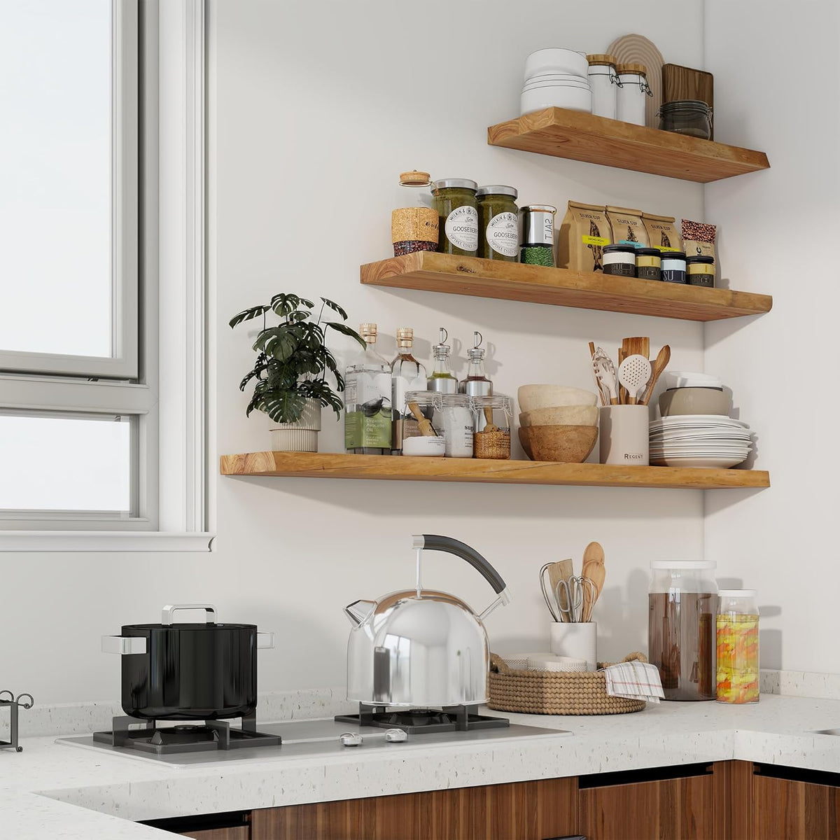 Axeman 24 inch Floating Shelves for Wall - 8'' D Live Edge Rustic Solid Elm Wood Floating Shelves