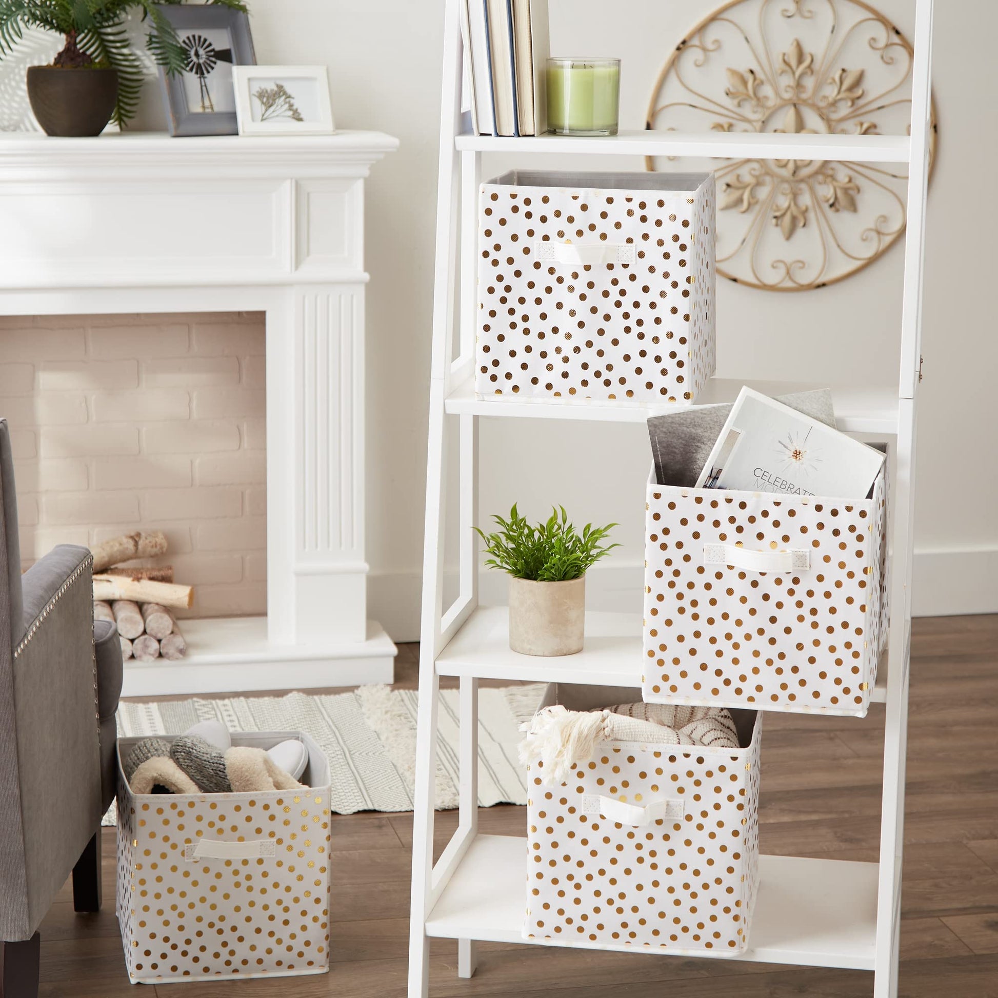 DII Woven Polyester Storage Bin, Polka Dot, White & Gold, Small Set of 4