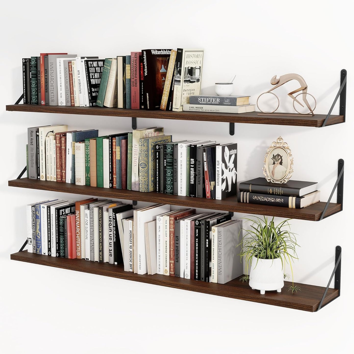 Heimlove 48 Inch Large Floating Bookshelves Set of 3,Wall Mounted Bookshelves,Heavy Duty Wooden