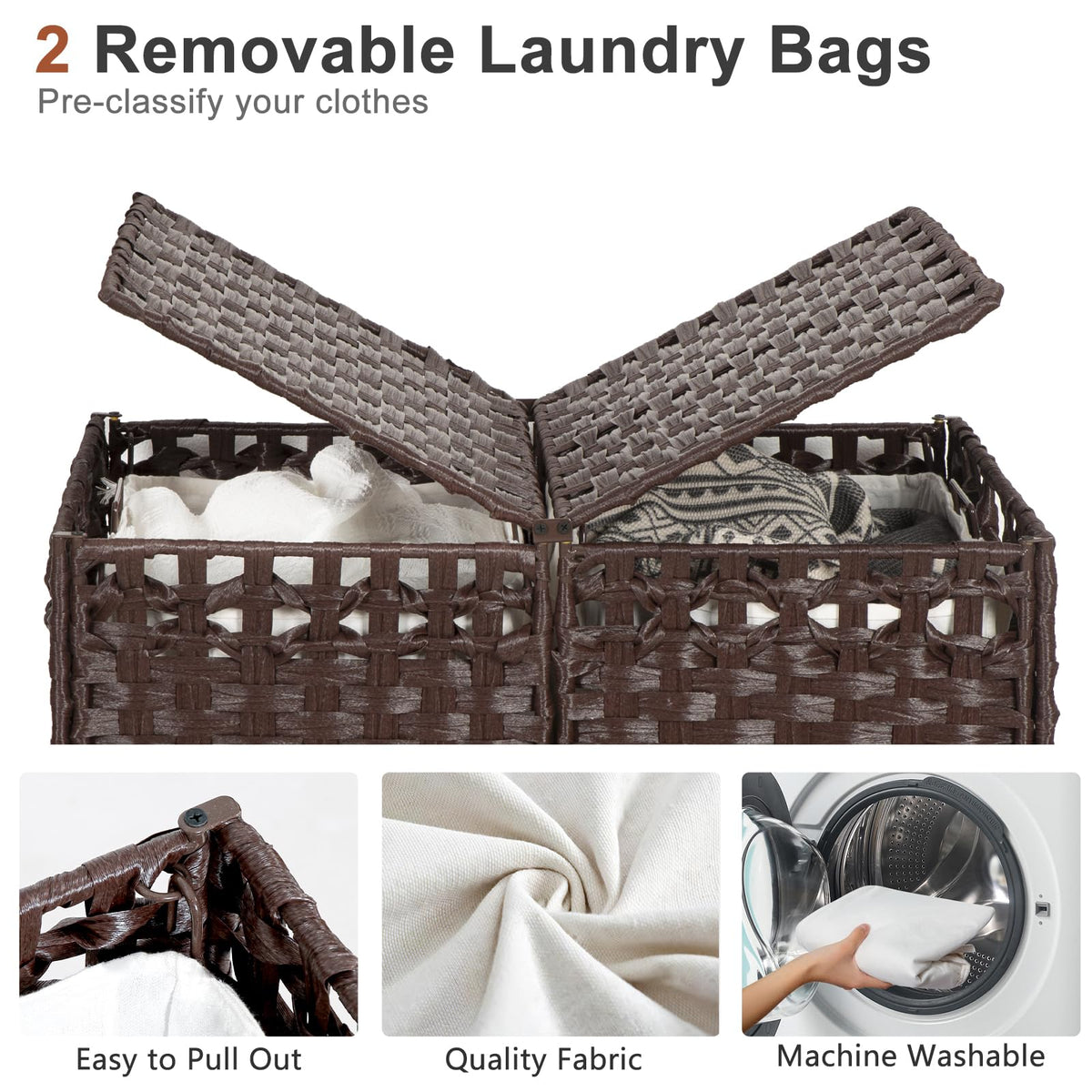 130L Foldable Laundry Hamper with Lid - Handwoven Rattan Storage Basket, 2-Section Clothes Hamper