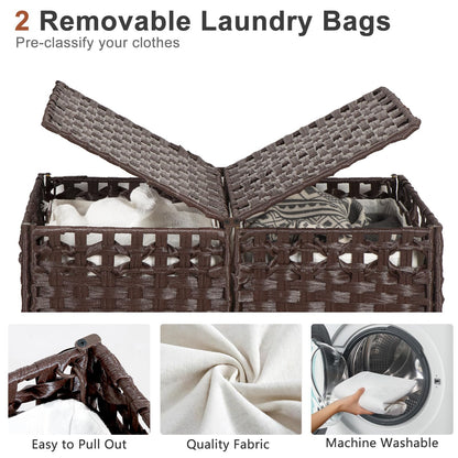 130L Foldable Laundry Hamper with Lid - Handwoven Rattan Storage Basket, 2-Section Clothes Hamper