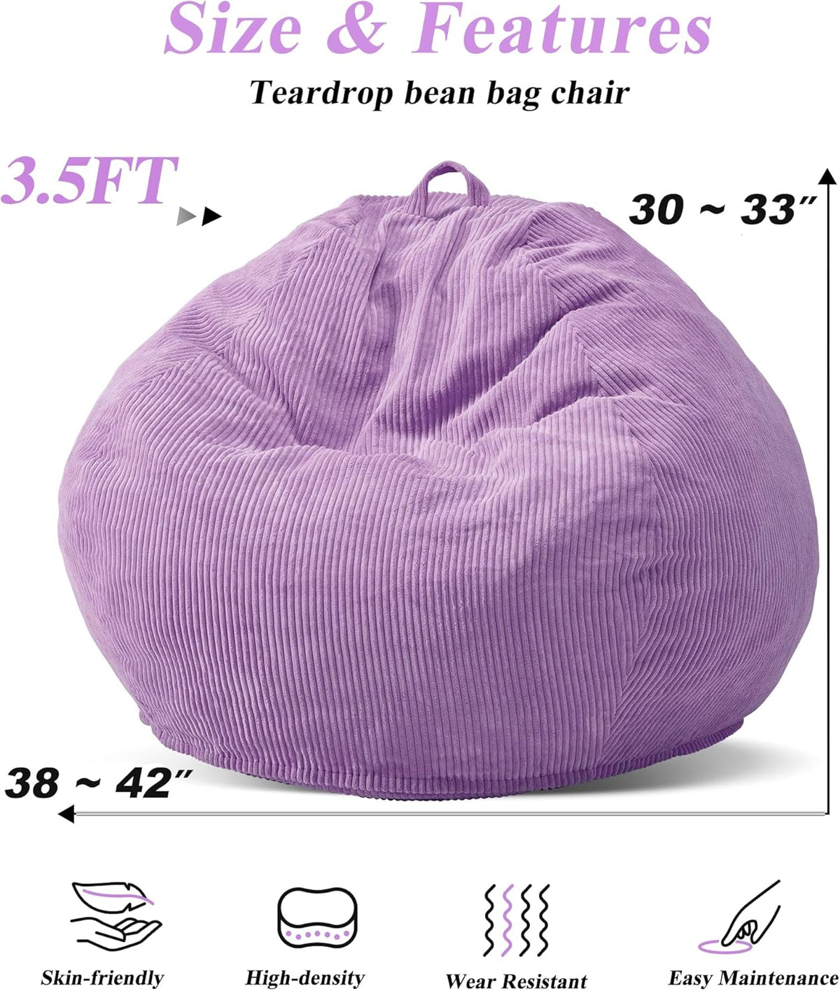 3.5FT Bean Bag Chairs Teardrop Bean Bag Chair for Adults Beanbag Chair with Memory Foam Filled