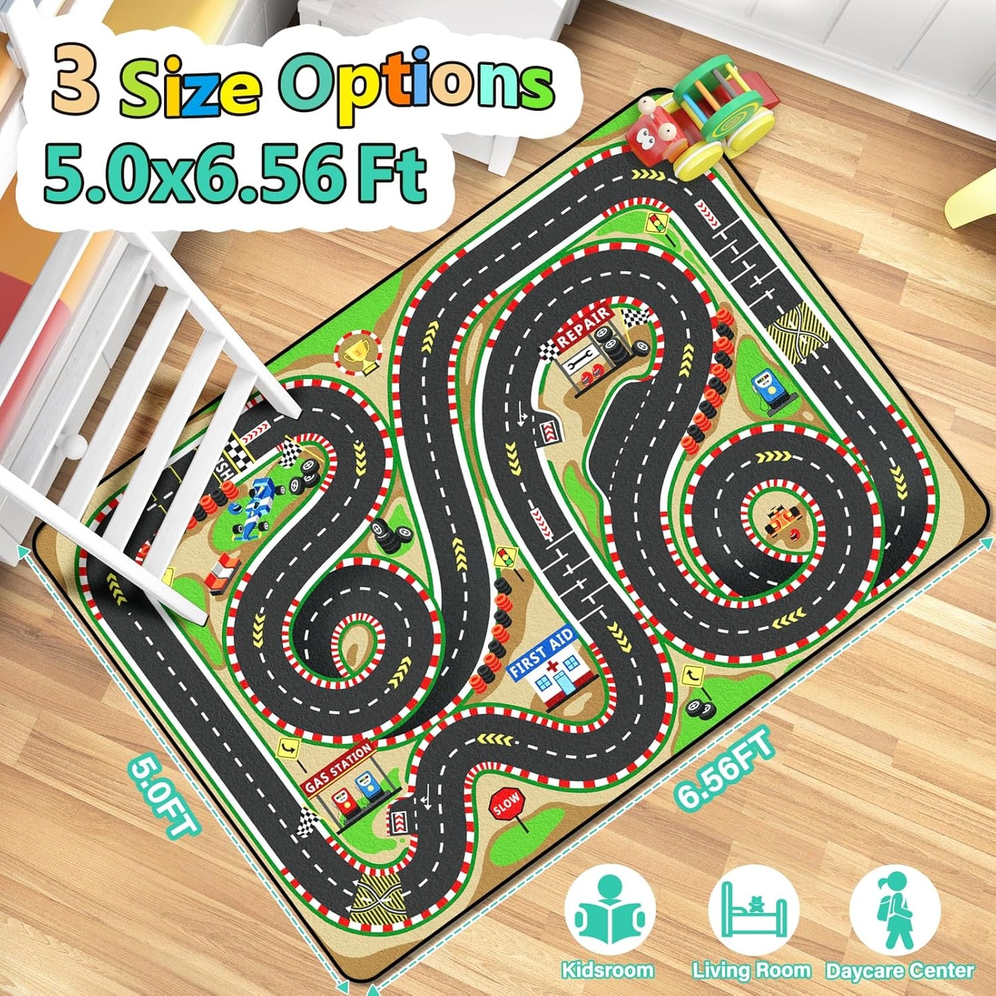 Kids Rug, Race Track Baby Play Mats, Realistic 3D Cascading Surround Route,5x7 Ft Kids Rug for