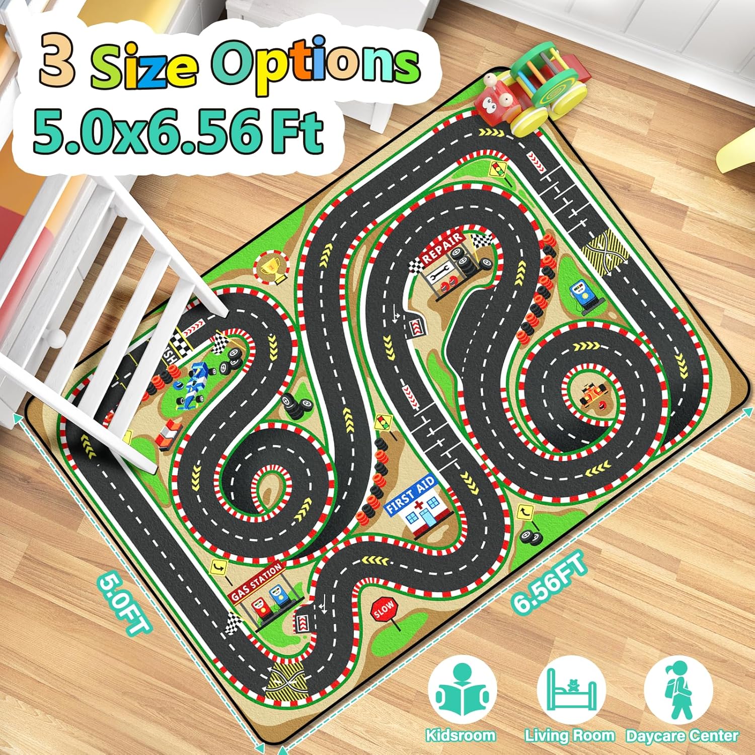 Kids Rug, Race Track Baby Play Mats, Realistic 3D Cascading Surround Route,5x7 Ft Kids Rug for