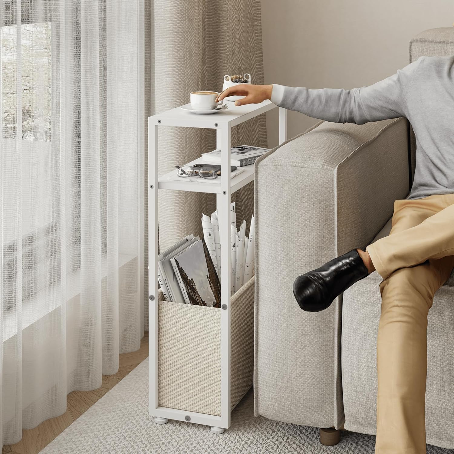 Narrow Side Table, Slim End Tables with Fabric Basket, Skinny Table for Small Spaces, Thin Bedside