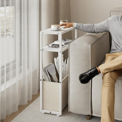 Narrow Side Table, Slim End Tables with Fabric Basket, Skinny Table for Small Spaces, Thin Bedside
