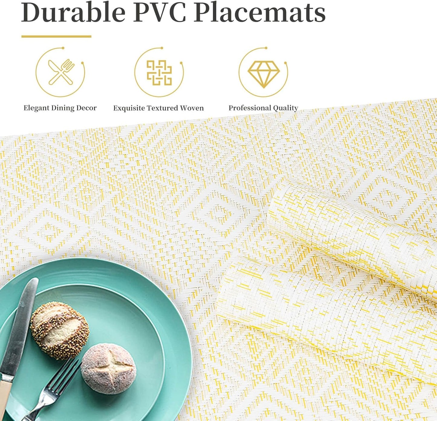 Vinyl Plastic Placemats Set of 6 Washable Heat Resistant Non-Slip Elegant Indoor Outdoor Kitchen