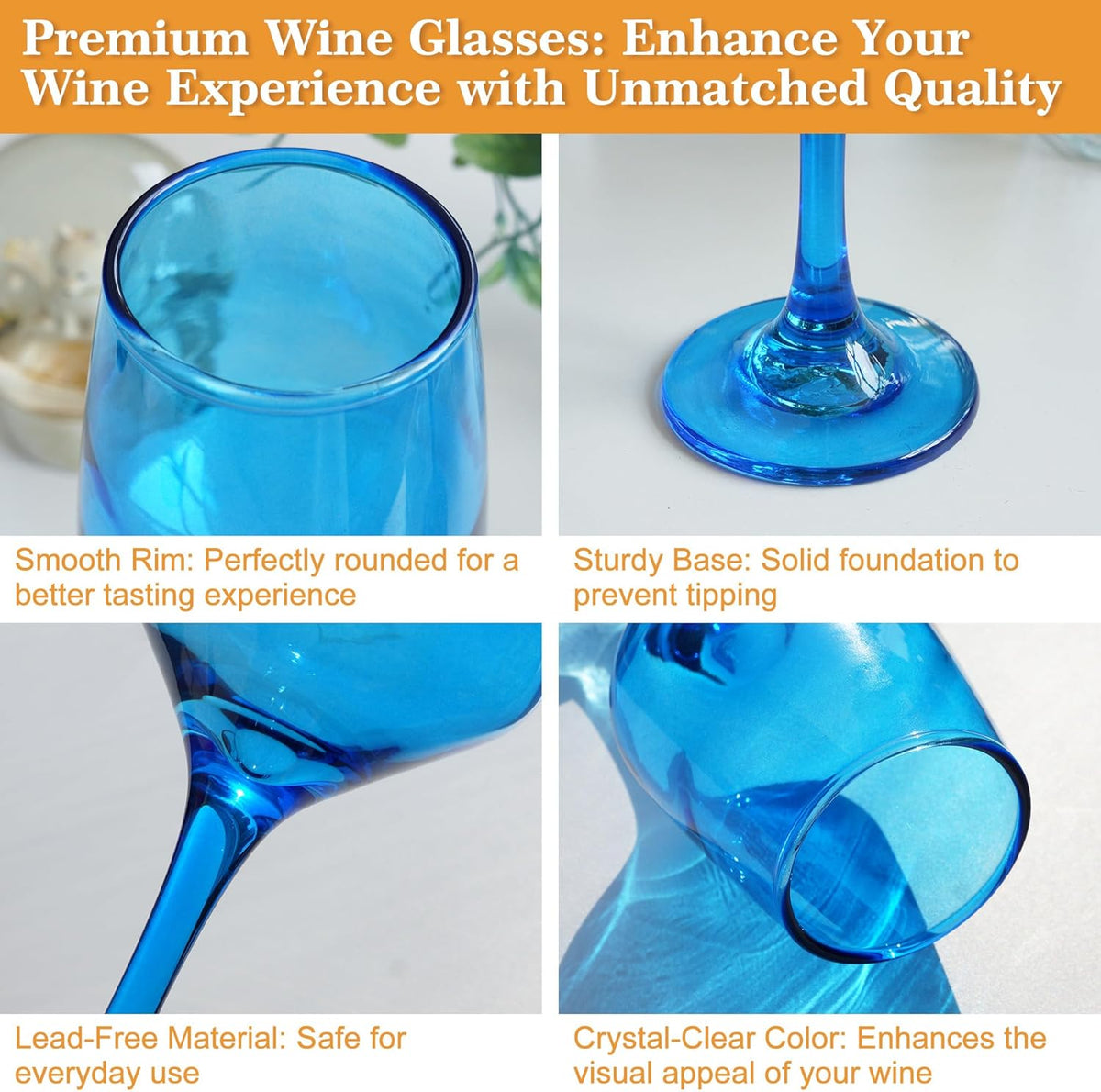 Blue Wine Glasses Set of 6-14oz Blue Long Stem Wine Glass, Pretty Crystal Glassware, Hand Blown