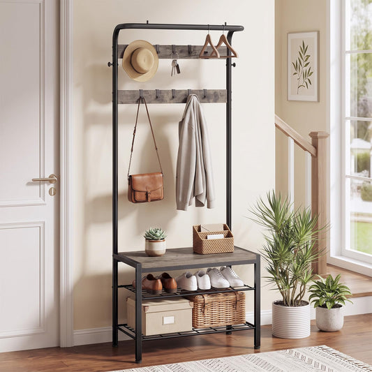 DUMOS 5-in-1 Hall Tree with Coat Rack and Shoe Bench, Industrial Entryway Storage Organizer with