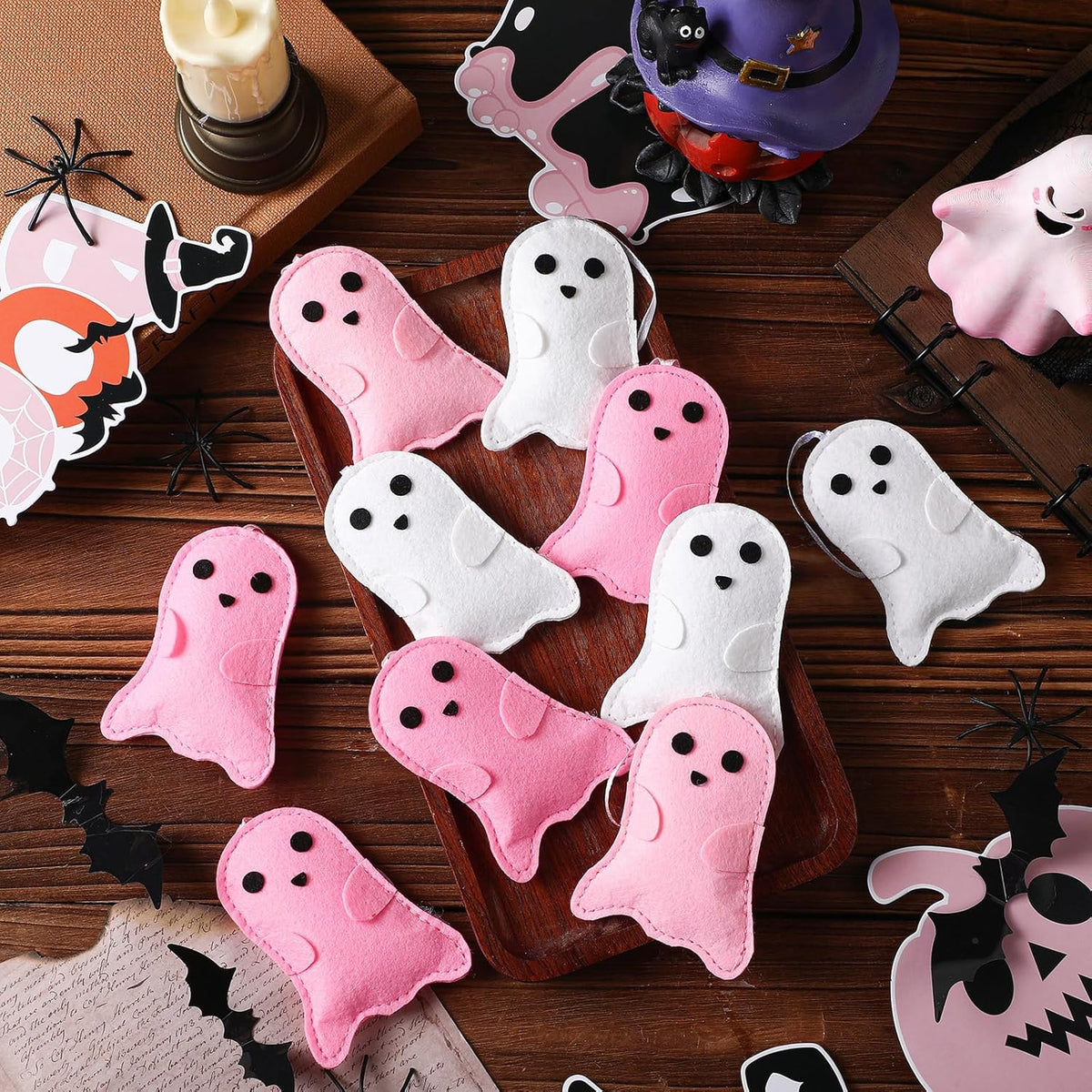 12 Pcs Pink Halloween Felt Ornaments Cute Ghost 3D Hanging Ornaments 3.15 Inch Pink White Halloween
