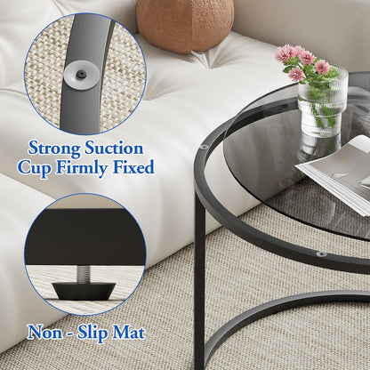 aboxoo Nesting Coffee Table Grey Glass Table Set of 2, Small Round Glass Nesting Tables for Living