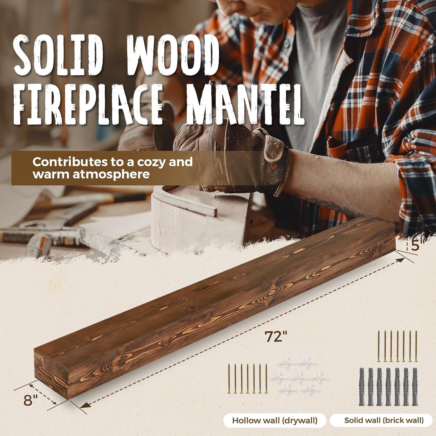 72x8x5 Fireplace Mantel - Handcrafted Hollow Rustic Solid Wood Wall Mounted Floating Shelf with