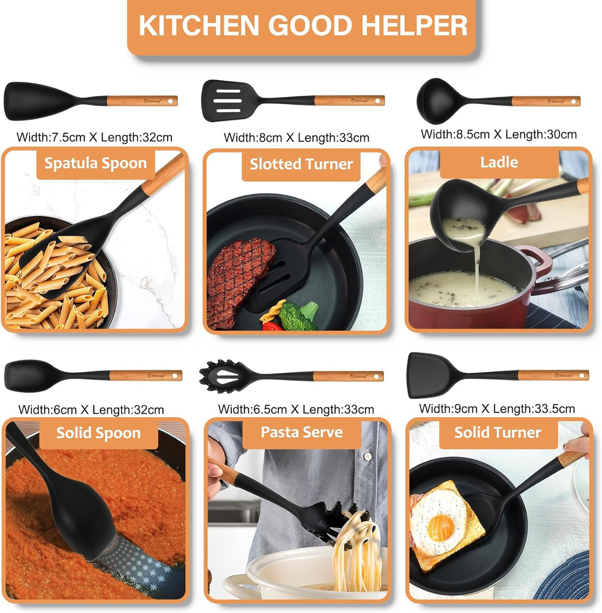 Silicone Cooking Utensils Set, 6 Pack Large Kitchen Utensils Set with Wooden Handle, Heat Resistant