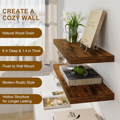 Floating Shelves, 8 Inch Deep Floating Shelves, 24"W x 8"D Wall Shelves Set of 2, Rustic Wood