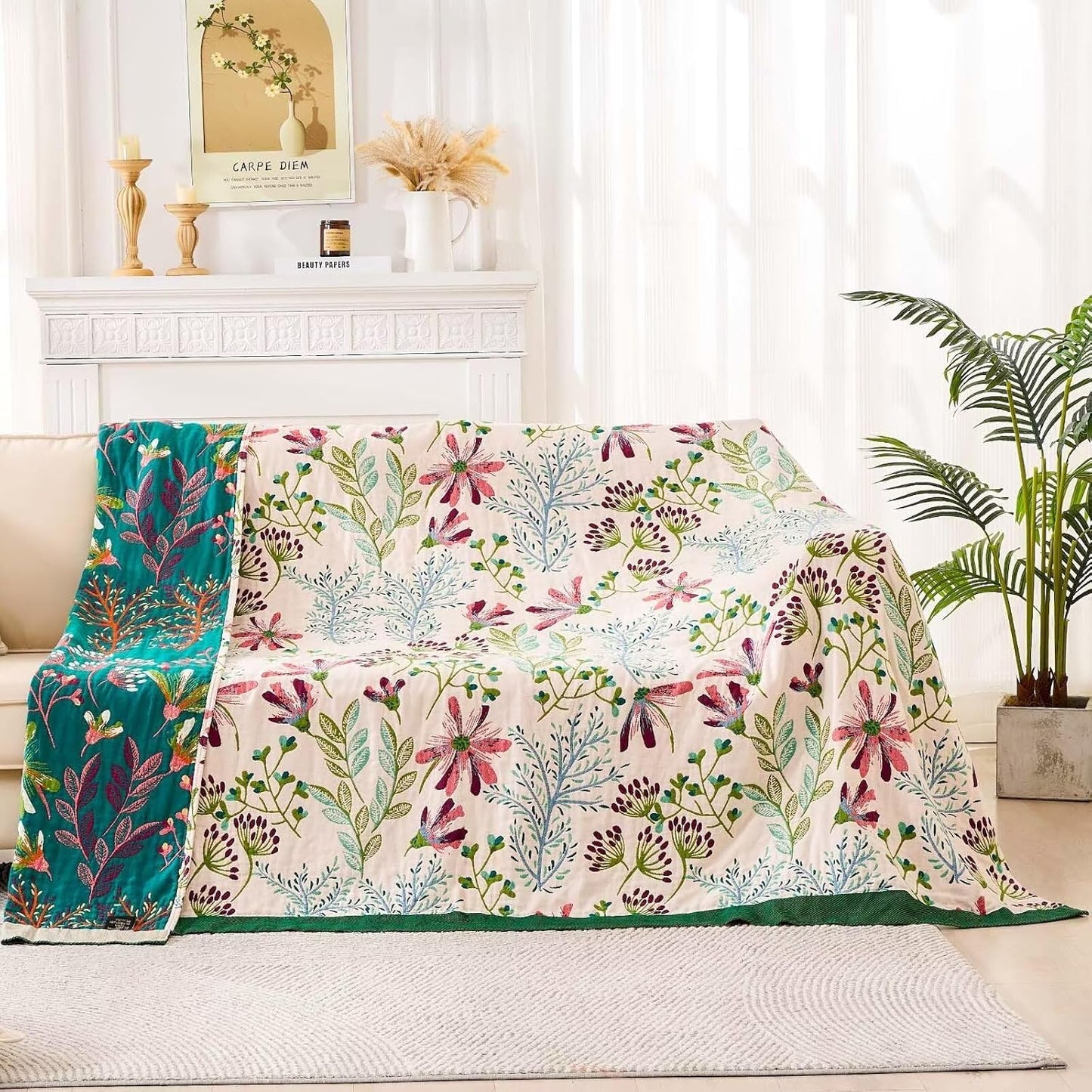 Boho Throw Blanket for Bed, 100% Cotton Soft Rustic Quilt Fall Blanket, 80" 90" Floral Printed
