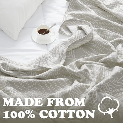 jinchan Boho 100% Cotton Muslin 50x60 Throw Blanket Lightweight 3-Layer Light Grey Blanket Washable