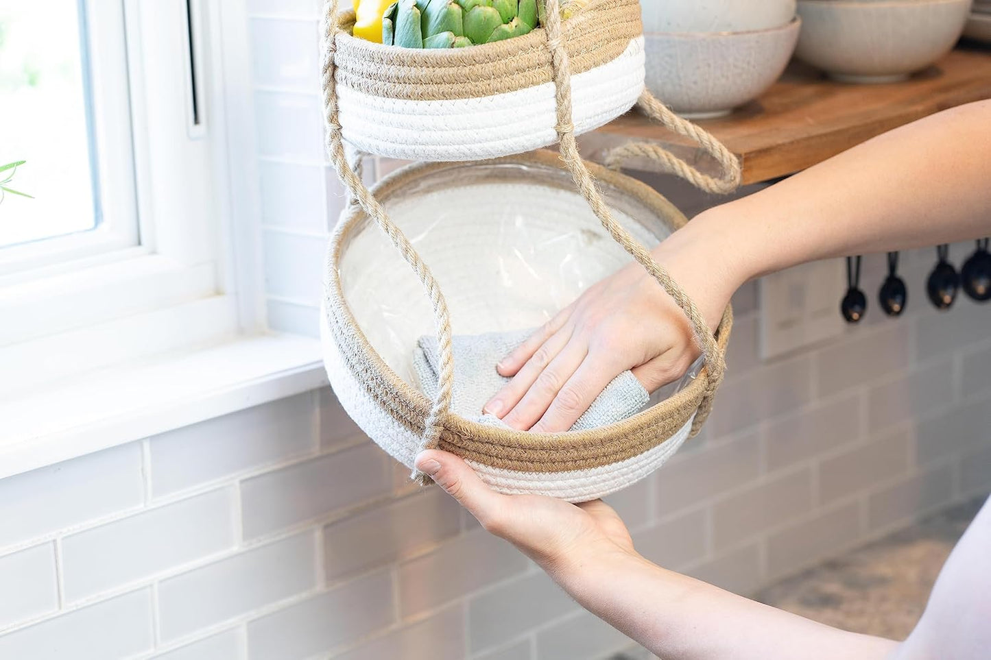CEDAR+PINE 3-Tier Lined Hanging Fruit Basket Natural Woven Cotton with Strong Jute Rope Hanger in