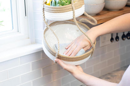 CEDAR+PINE 3-Tier Lined Hanging Fruit Basket Natural Woven Cotton with Strong Jute Rope Hanger in