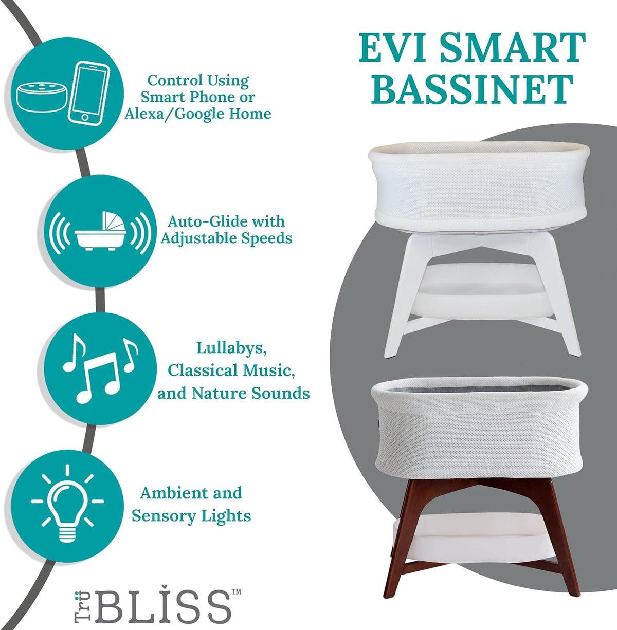 Evi Smart Baby Bassinet Beside Sleeper with Auto-Glide, Ambient Nightlight & Sensory Sounds