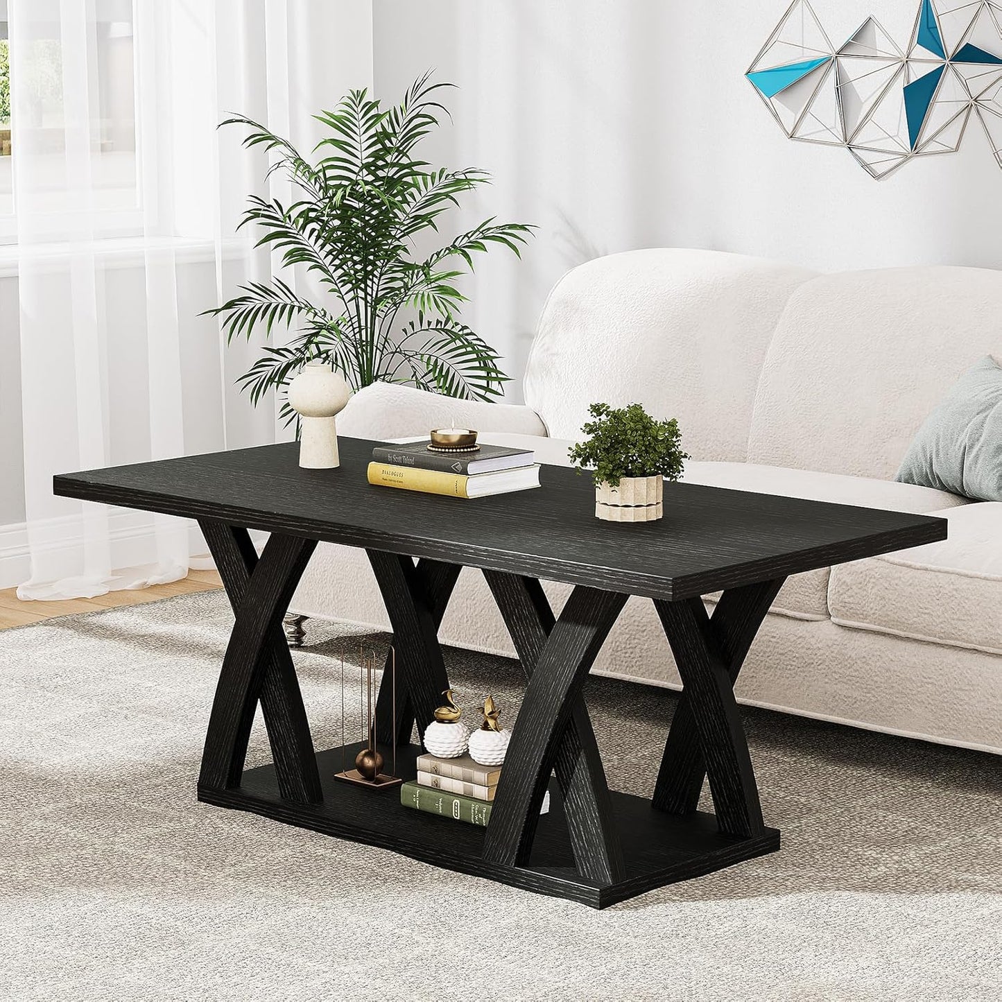47” Wood Coffee Tables for Living Room Rustic Stands with Storage Shelf Black Coffee Tables for