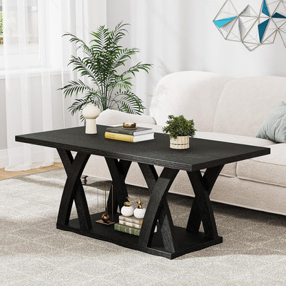 47” Wood Coffee Tables for Living Room Rustic Stands with Storage Shelf Black Coffee Tables for