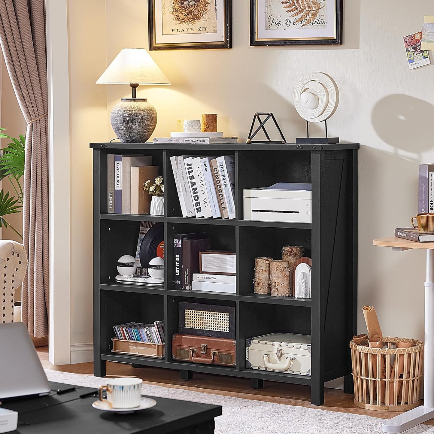 9 Cube Bookcase, Farmhouse 47 Inch Wide Black Bookshelf, Wooden 3 Tier Display Large Open Book