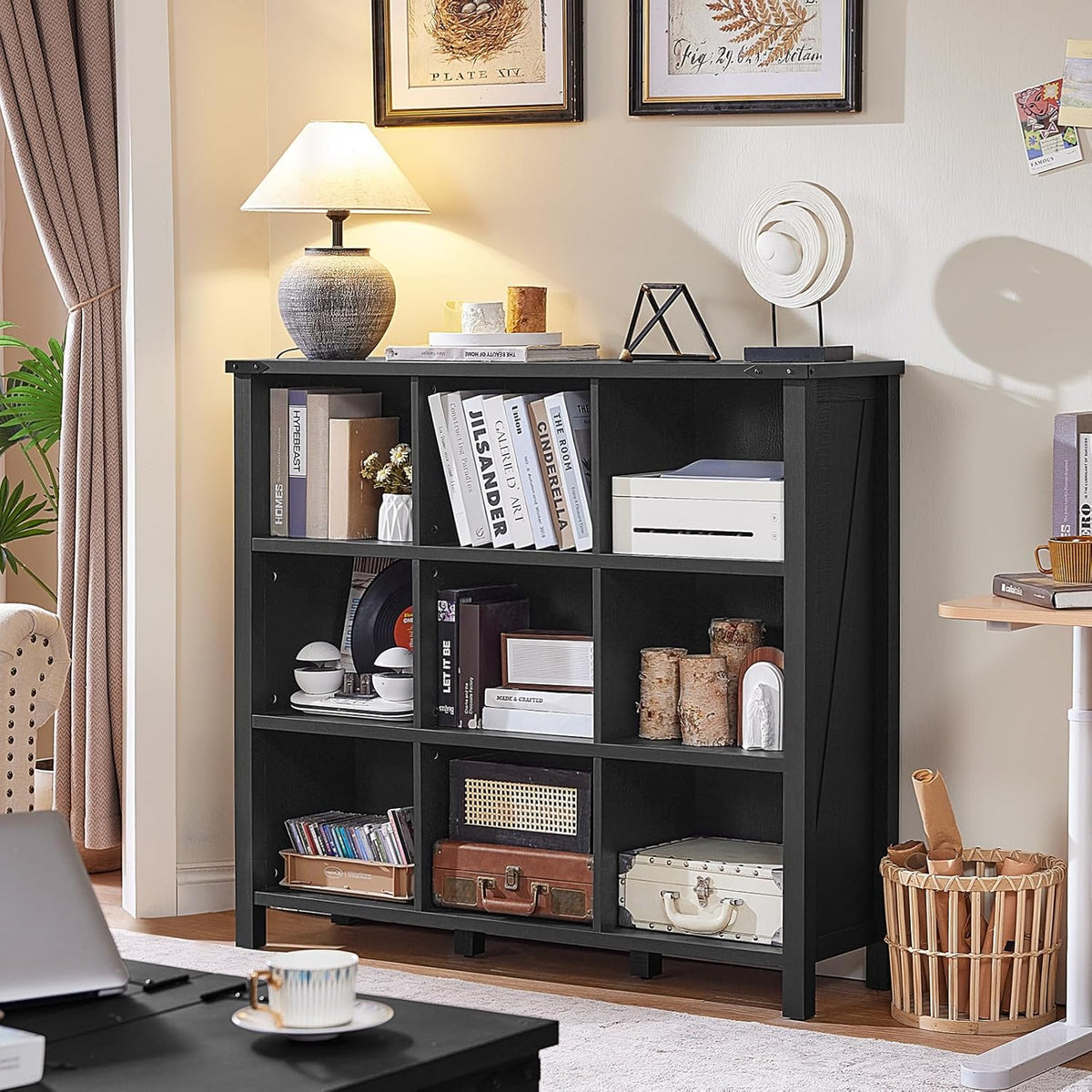 9 Cube Bookcase, Farmhouse 47 Inch Wide Black Bookshelf, Wooden 3 Tier Display Large Open Book