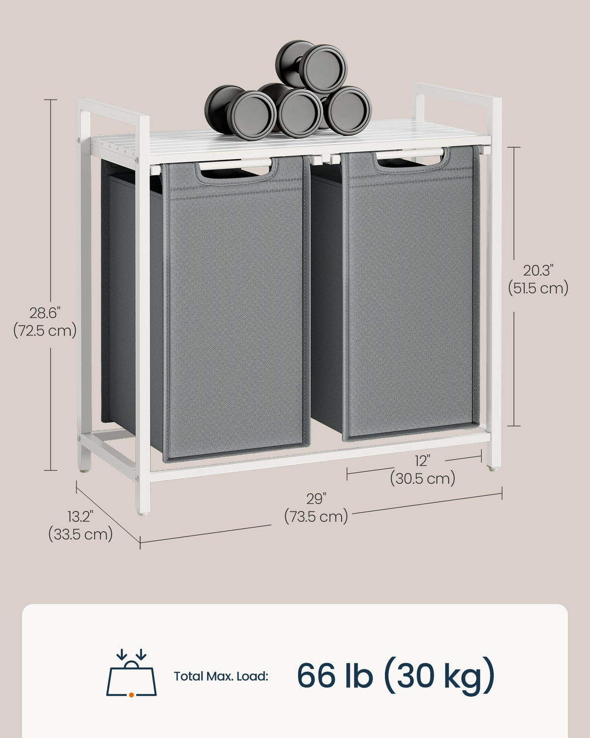 SONGMICS HOME Laundry Basket Sorter with Storage Shelf, Laundry Hamper with Metal Frame, 2 x 12.1