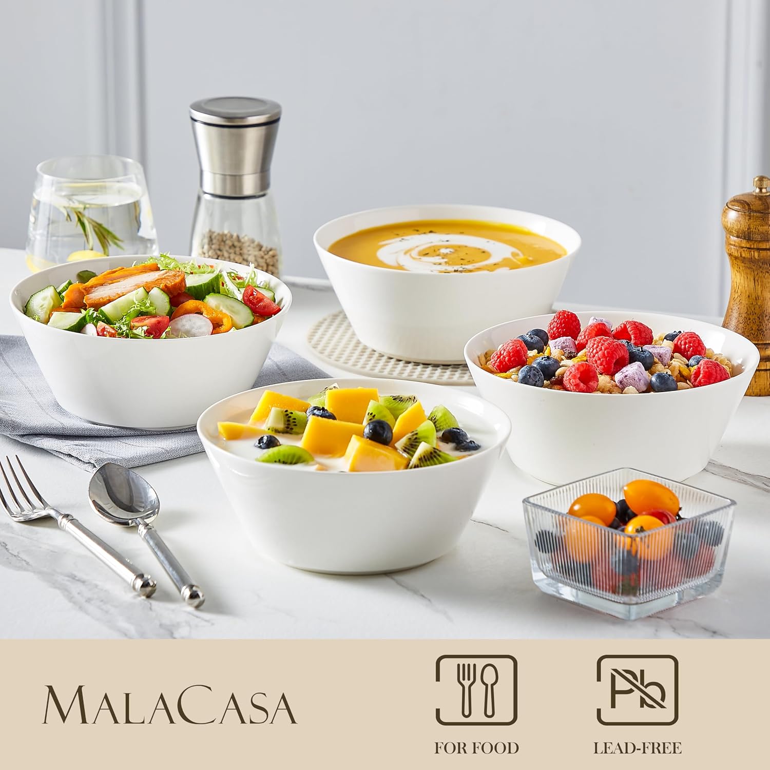 MALACASA 35 OZ Soup Bowls, White Porcelain Bowls Set of 4, Deep Bowls for Kitchen, Large Ceramic