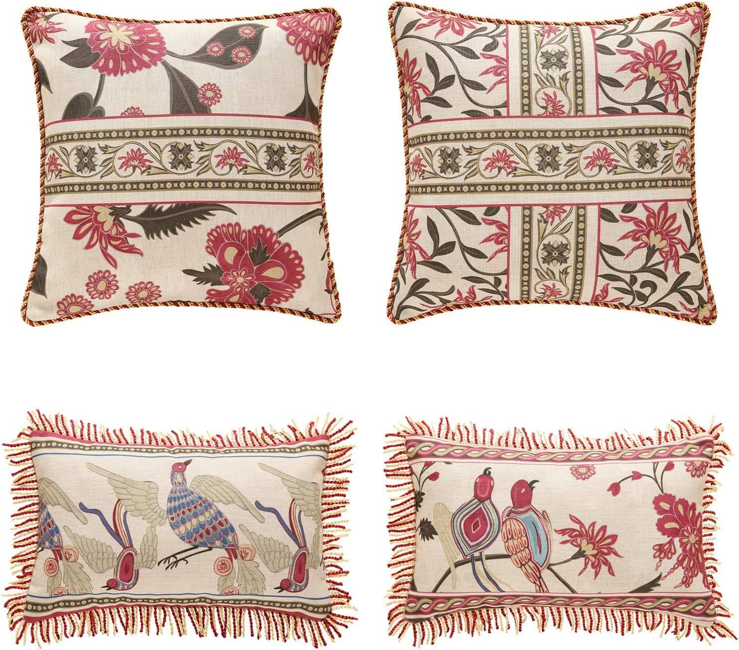 patdrea Designer Throw Pillow Covers Set of 4,Vintage Red Linen Pillowcases with Flower and Birds