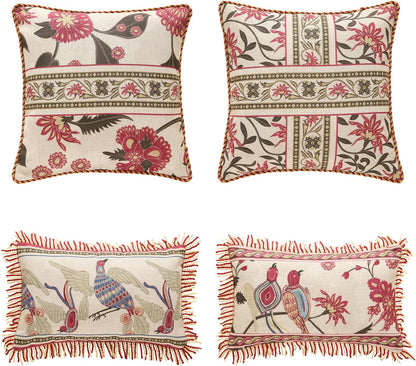 patdrea Designer Throw Pillow Covers Set of 4,Vintage Red Linen Pillowcases with Flower and Birds