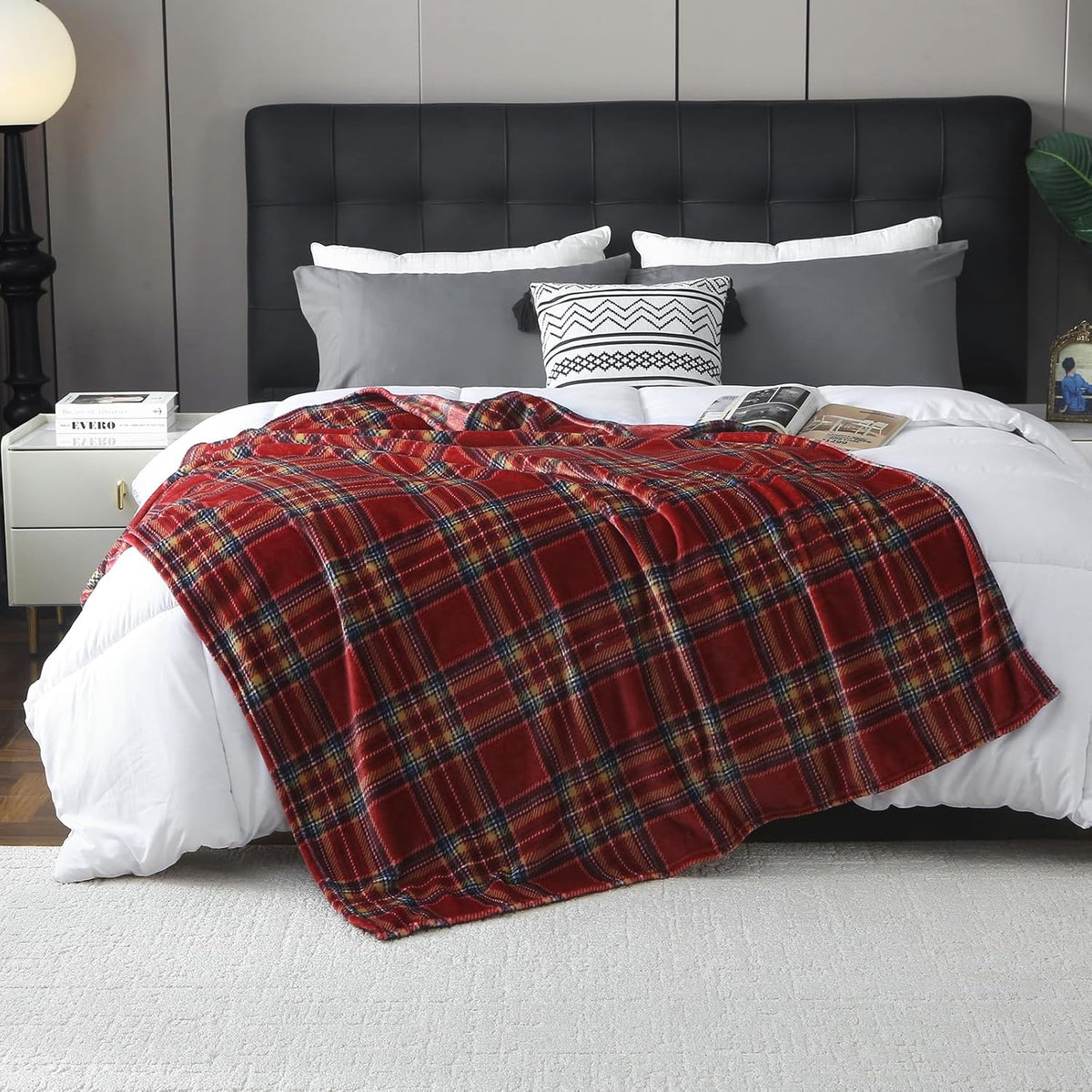 MERRYLIFE Dark Red Plaid Throw Blanket Decorative Fleece Throw | Ultra-Plush Colorful | Couch