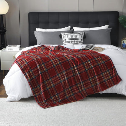 MERRYLIFE Dark Red Plaid Throw Blanket Decorative Fleece Throw | Ultra-Plush Colorful | Couch
