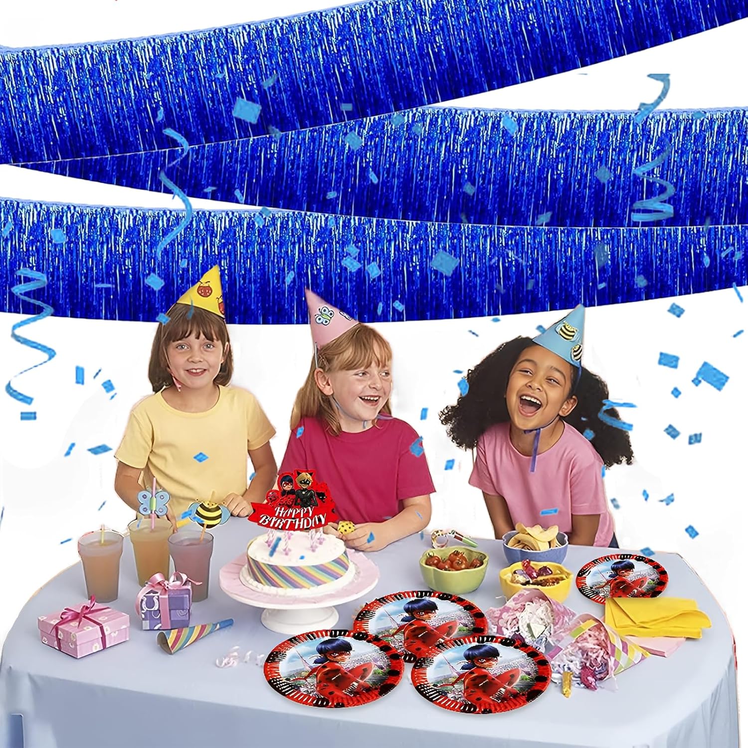 Blue Foil Fringe Garland 10FT 2packs, Metallic Foil Tinsel Fringe Banners for Parade Float