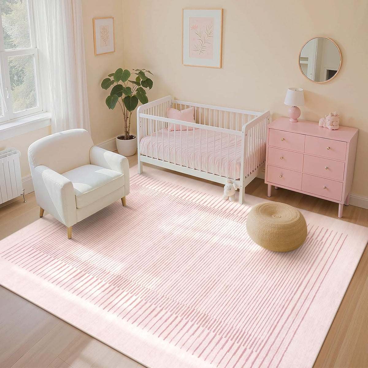 Wonnitar Washable Pink Striped Rug for Bedroom 8x10, Non-Slip Living Room Area Rug, Minimalist