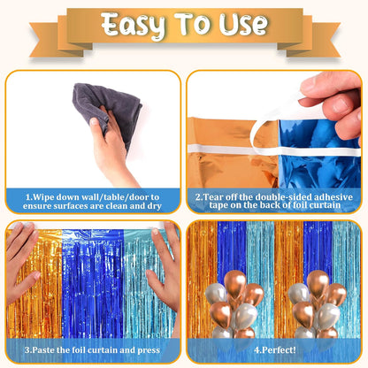 3 Pack 3.3 x 8.2 ft Blue Orange Foil Fringe Backdrop Curtains, Tinsel Streamers Party Decorations