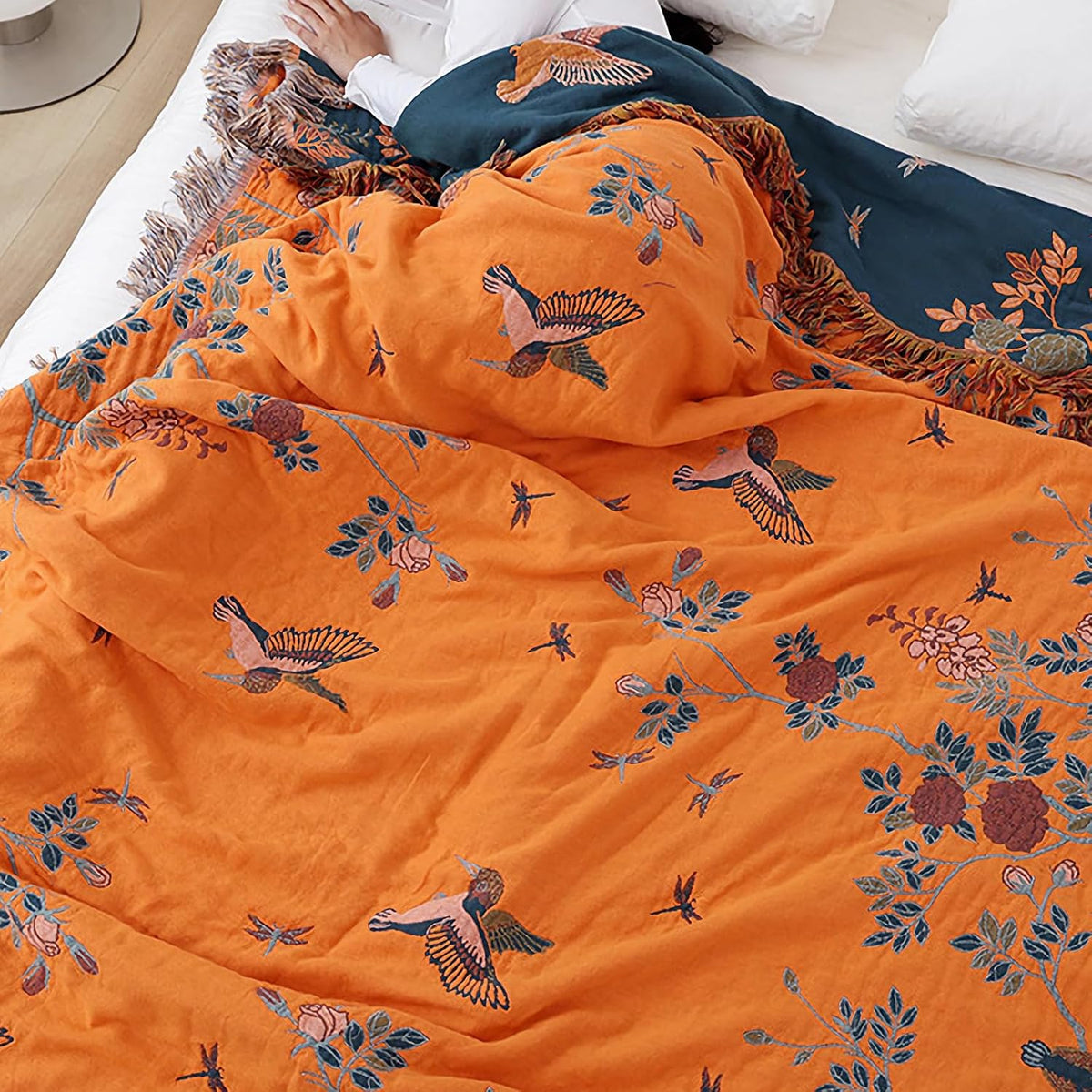 Snycler Boho Throw Blanket for Bed, 100% Organic Cotton Muslin Soft Throw-Floral Bird Farmhouse