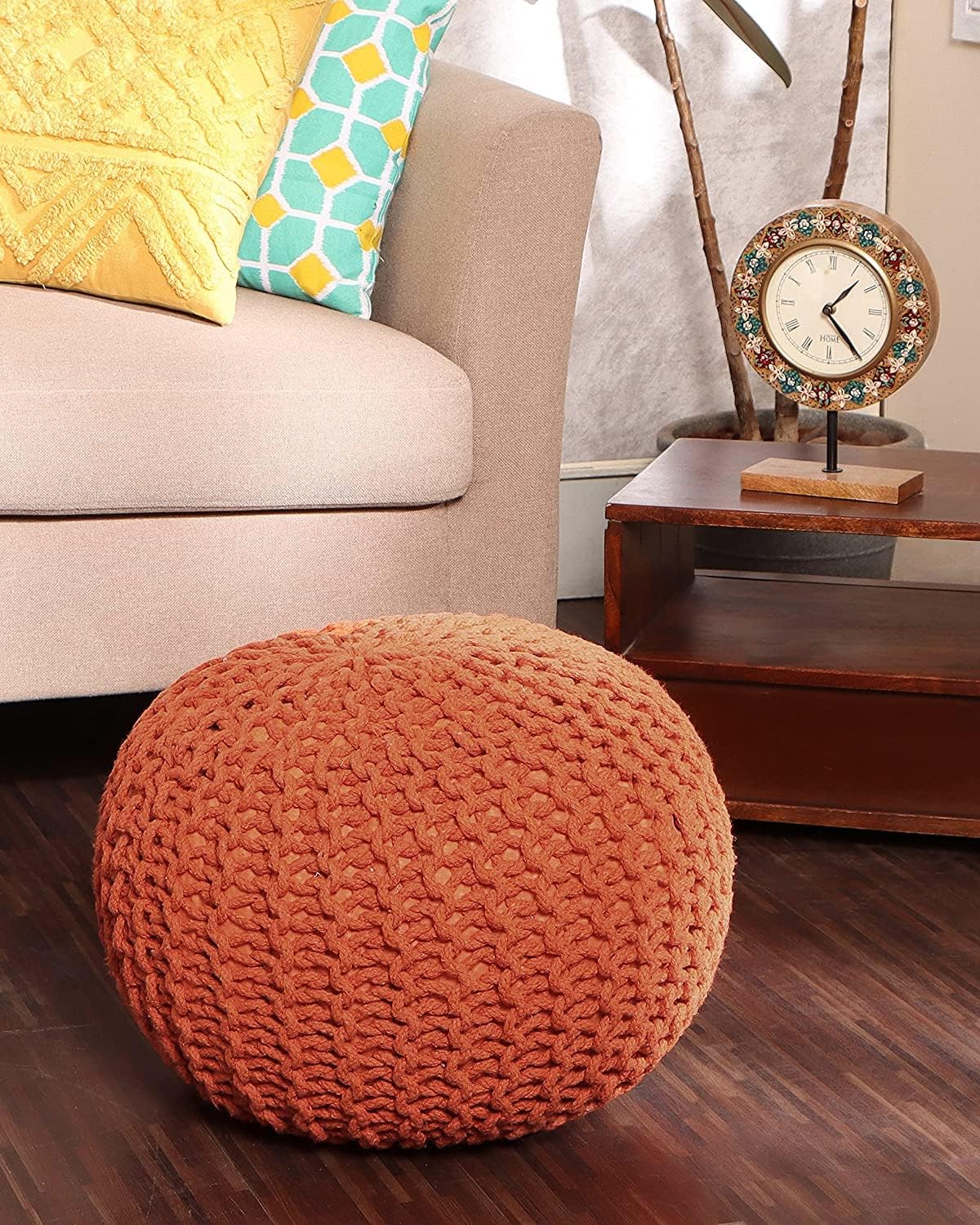 REDEARTH Round Pouf Ottoman - Hand Knitted Cable Boho Poof - Pouffe Circular Footrest for Living