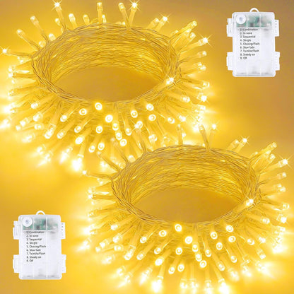 2 Pack String Lights Battery Operated with Timer, 33FT 100 LED Waterproof Battery Twinkle Lights, 8