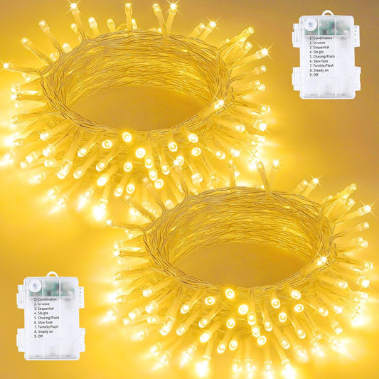 2 Pack String Lights Battery Operated with Timer, 33FT 100 LED Waterproof Battery Twinkle Lights, 8