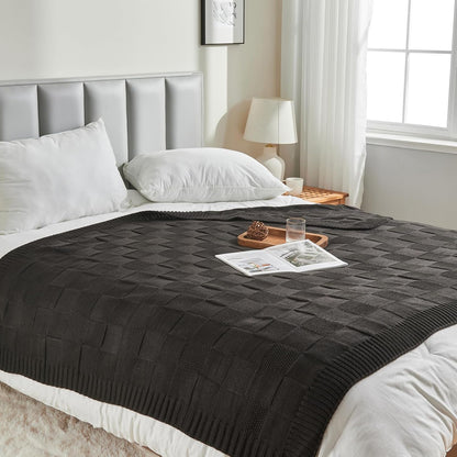 CozeCube Check Knit Throw Blanket, Jet Black Checkered Throw for Couch, Decorative Christmas Soft