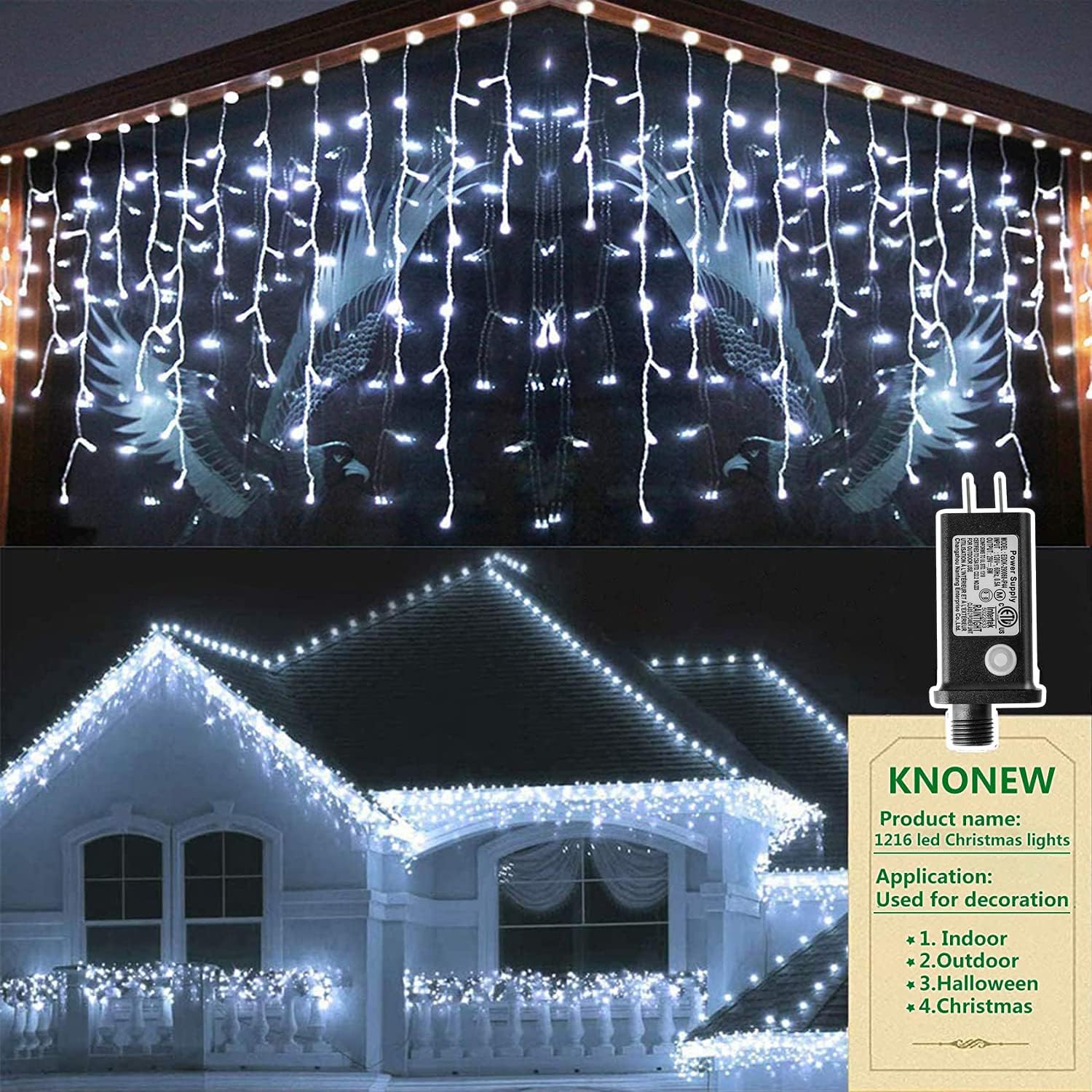 KNONEW 99FT 1216 LED Christmas Lights Outdoor Decorations 8 Modes White Curtain String Light with