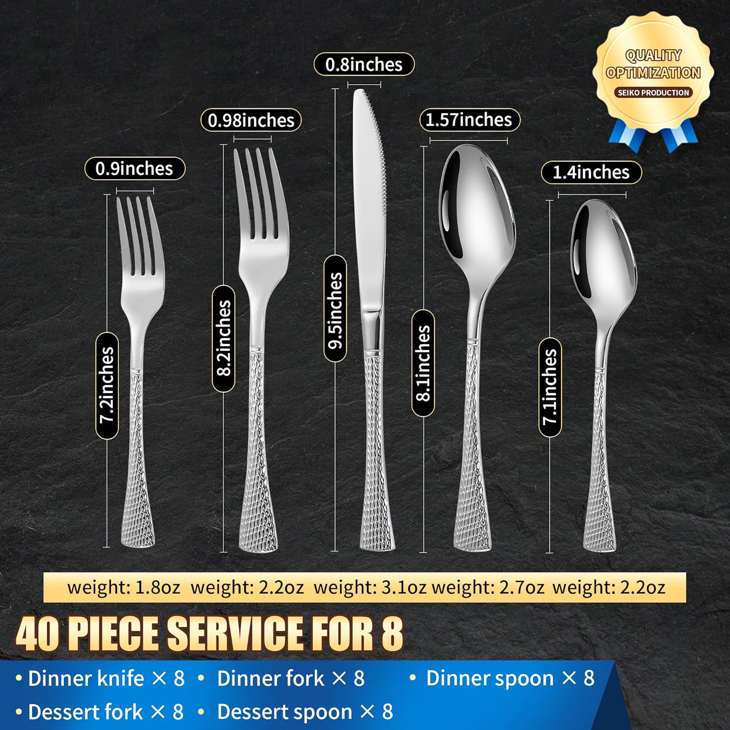 Hammered Silver Silverware Set for 8,Stainless Steel 40-Piece Modern Cutlery Set,Mirror Polished