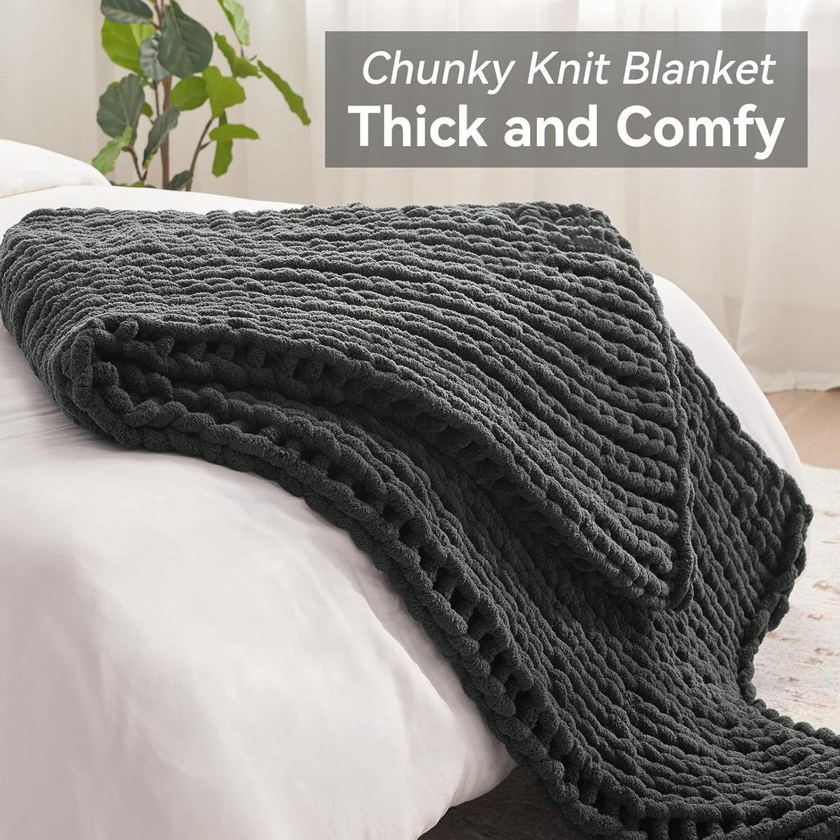 Chunky Knit Throw Blanket, 60''*80'' Knitted Throw Chenille Yarn for Bed Couch, Handmade Dark Grey