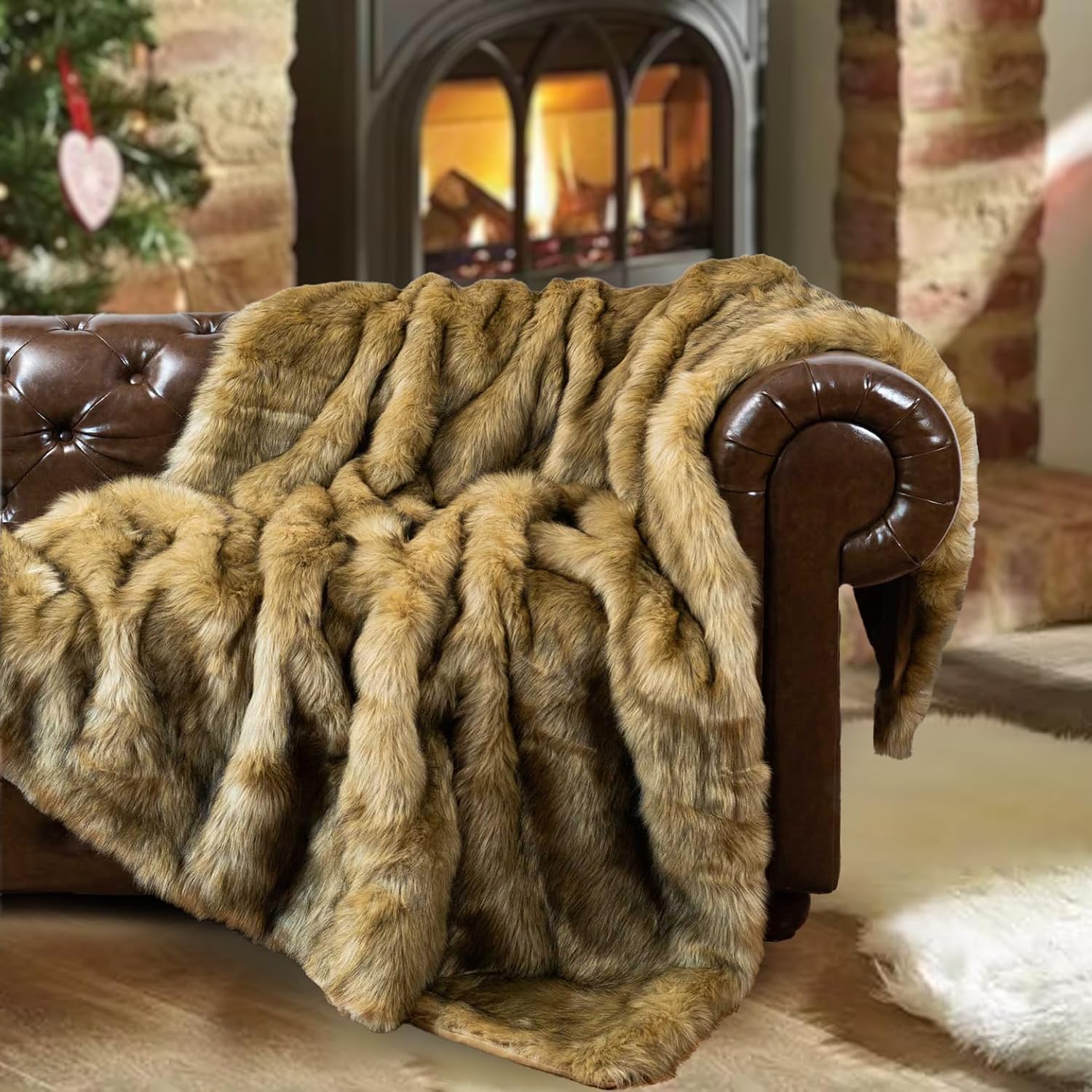 BATTILO HOME Luxury Golden Faux Fur Blanket, 60"x 80" Large Fur Throw Blankets for Bed, Couch, Soft