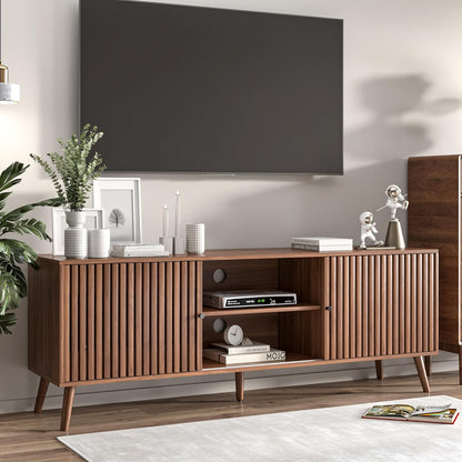 Mid Century Modern TV Stand for Televisions up to 70 Inches, with Sliding Doors and Storage