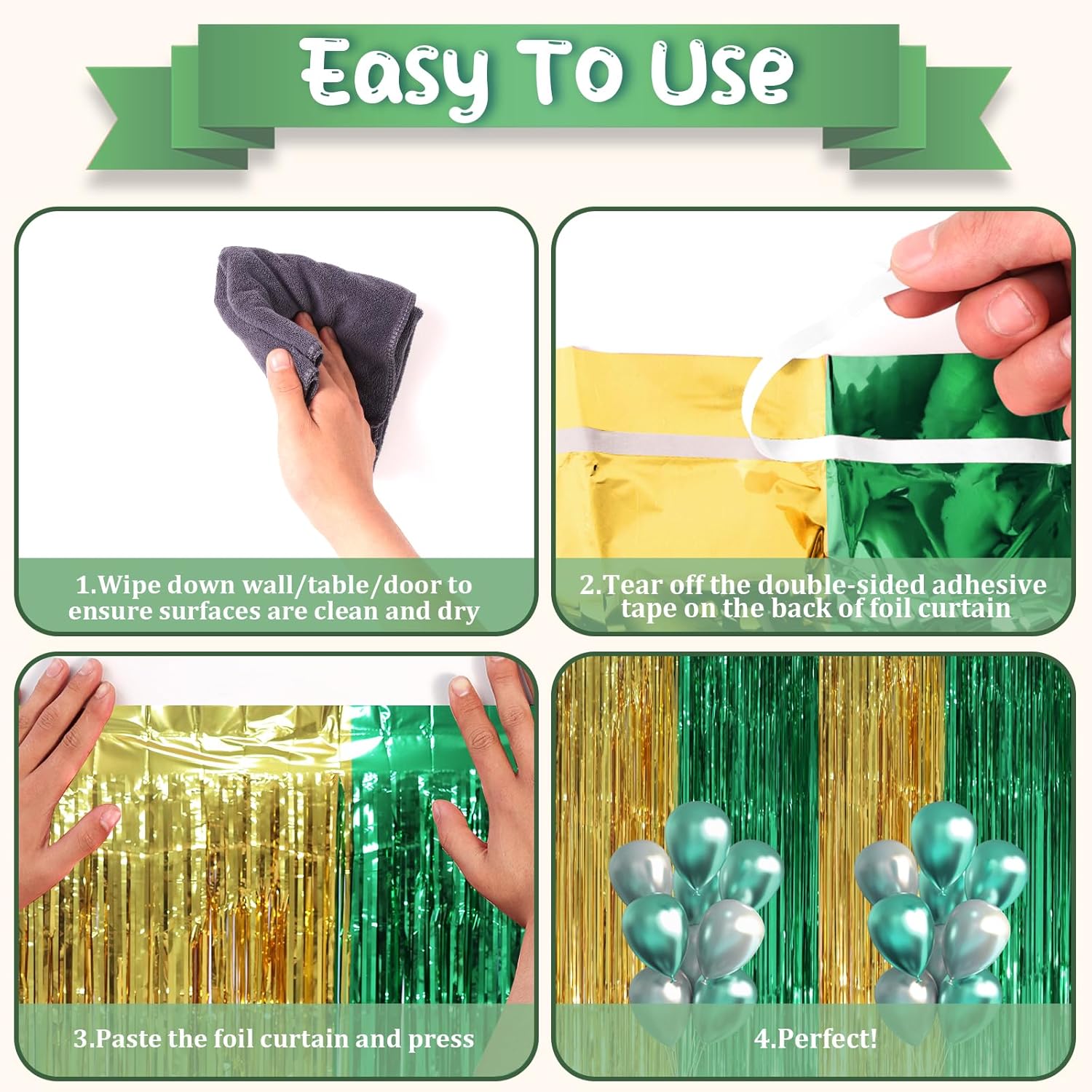 3 Pack 3.3 x 8.2 ft Green and Gold Foil Fringe Backdrop Curtains, Tinsel Streamers Party