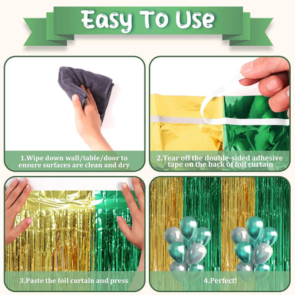 3 Pack 3.3 x 8.2 ft Green and Gold Foil Fringe Backdrop Curtains, Tinsel Streamers Party